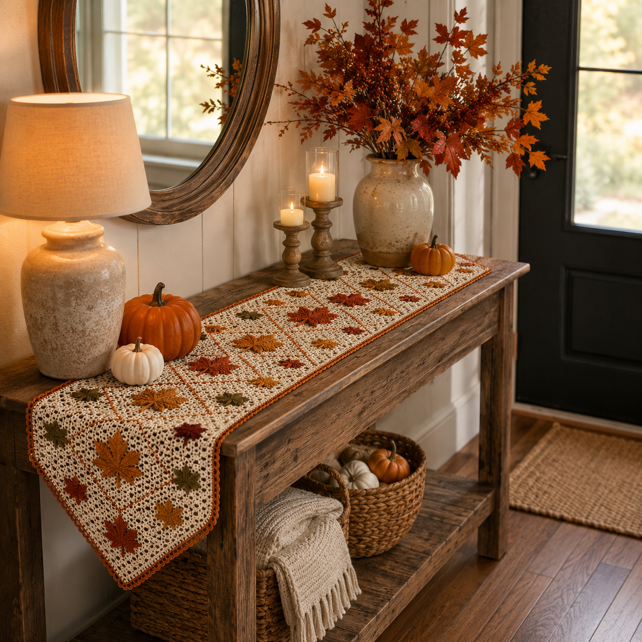 Vintage Crochet Autumn Leaves Table Runner
