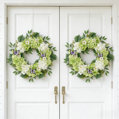 Silk Green White Hydrangeas Floral Wreath