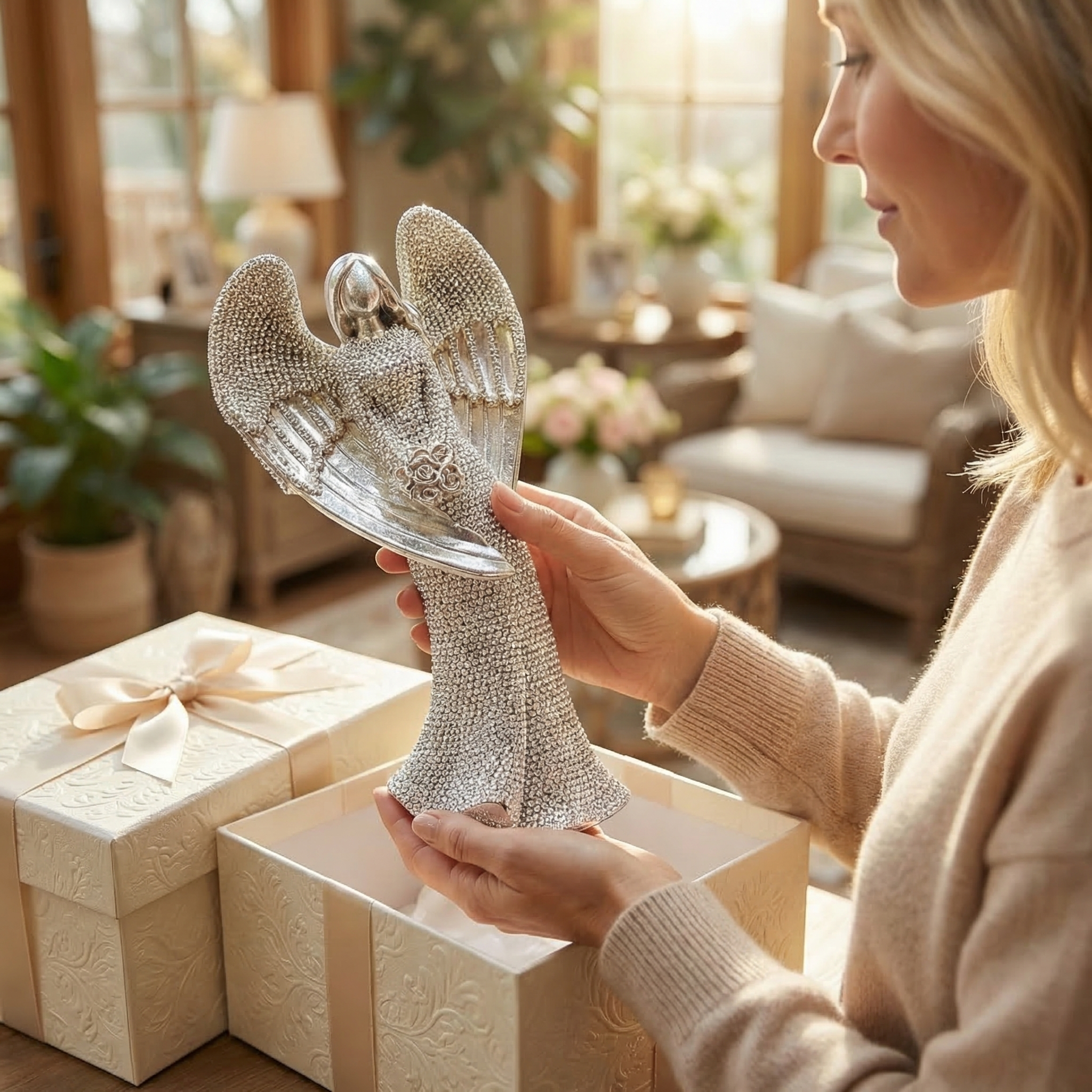 Elegant Angel Holding Rose Figurine