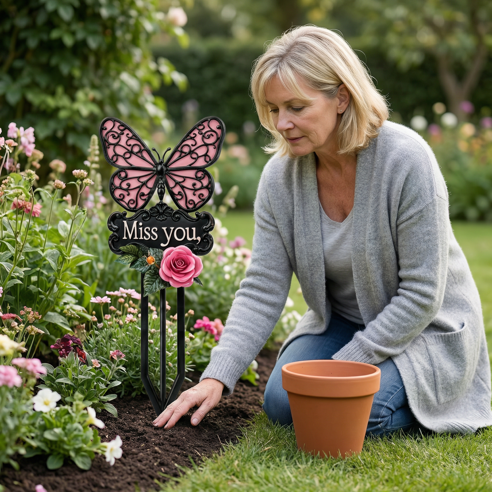 Butterfly & Rose Iron Memorial Stake