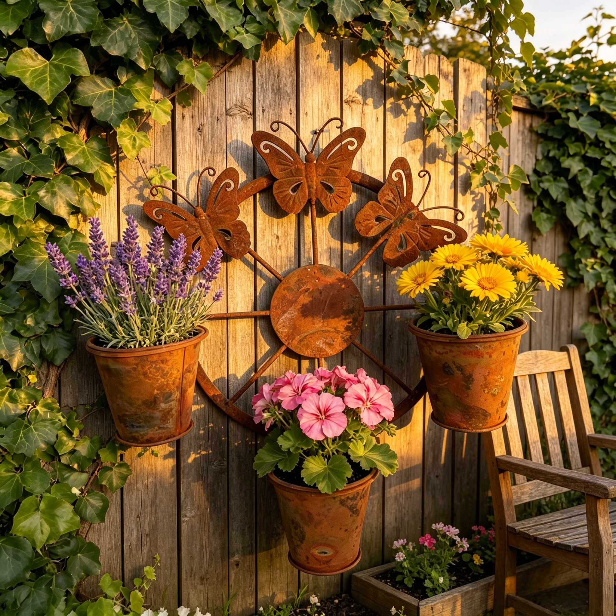 Vintage Distressed Metal Butterfly Wagon Wheel Wall Planter