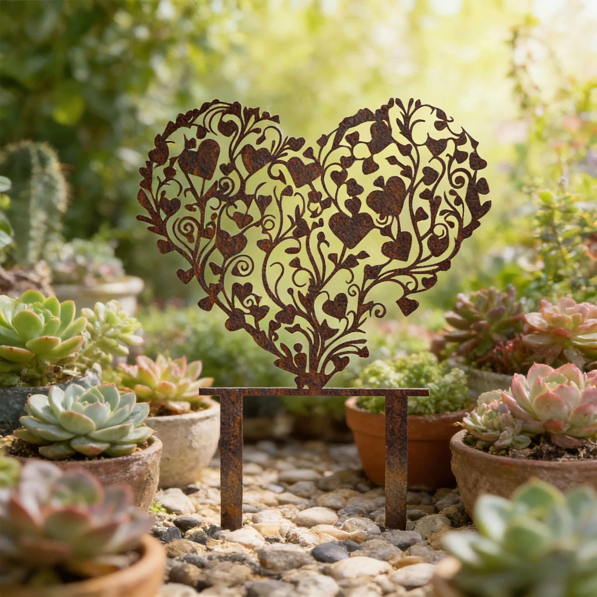 Rust-covered Elegant Heart-Shaped Metal Garden Stake Sculpture