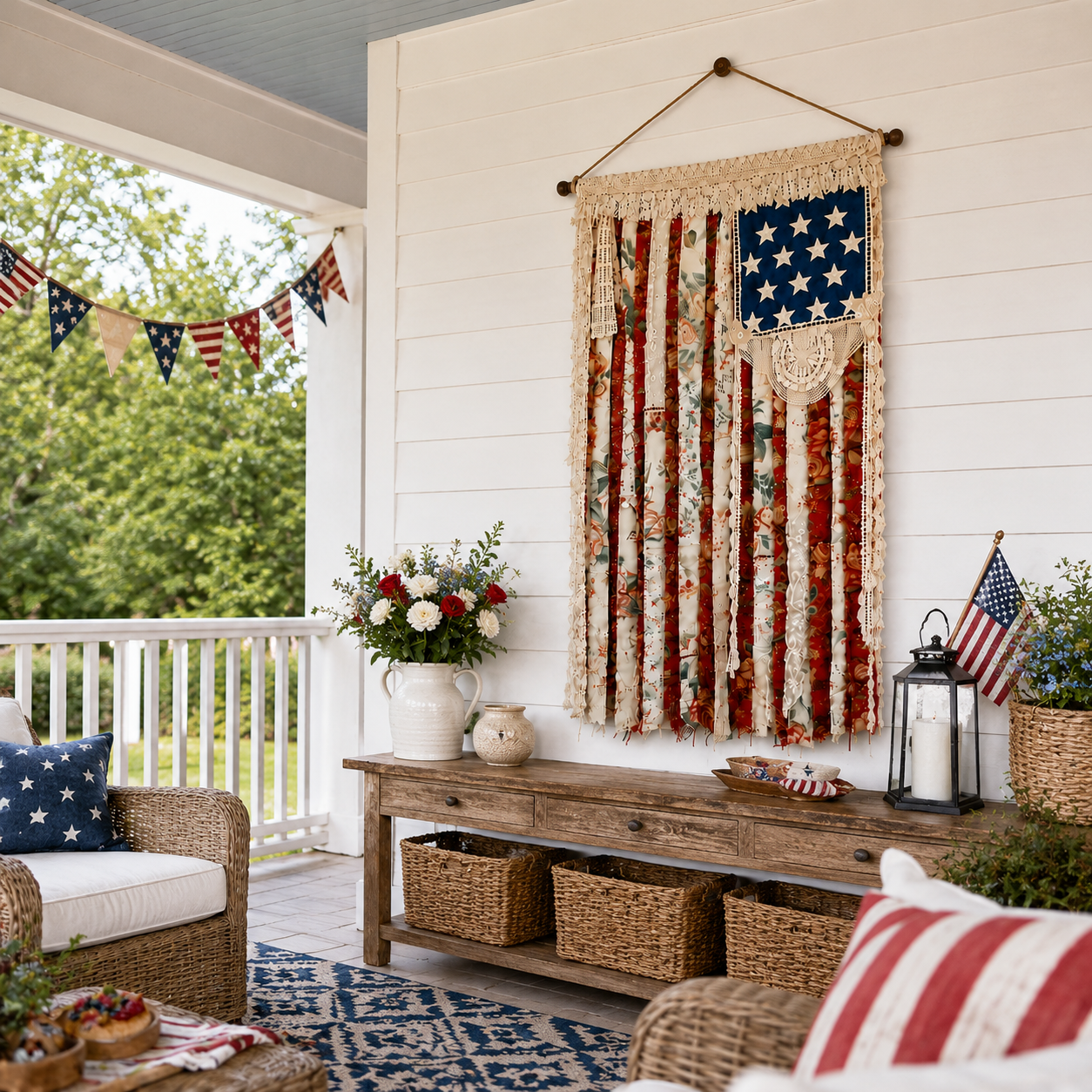 Lighted Rustic Crochet Lace American Flag