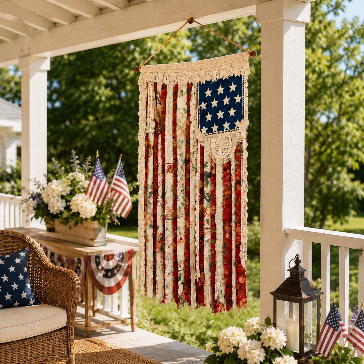 Lighted Rustic Crochet Lace American Flag