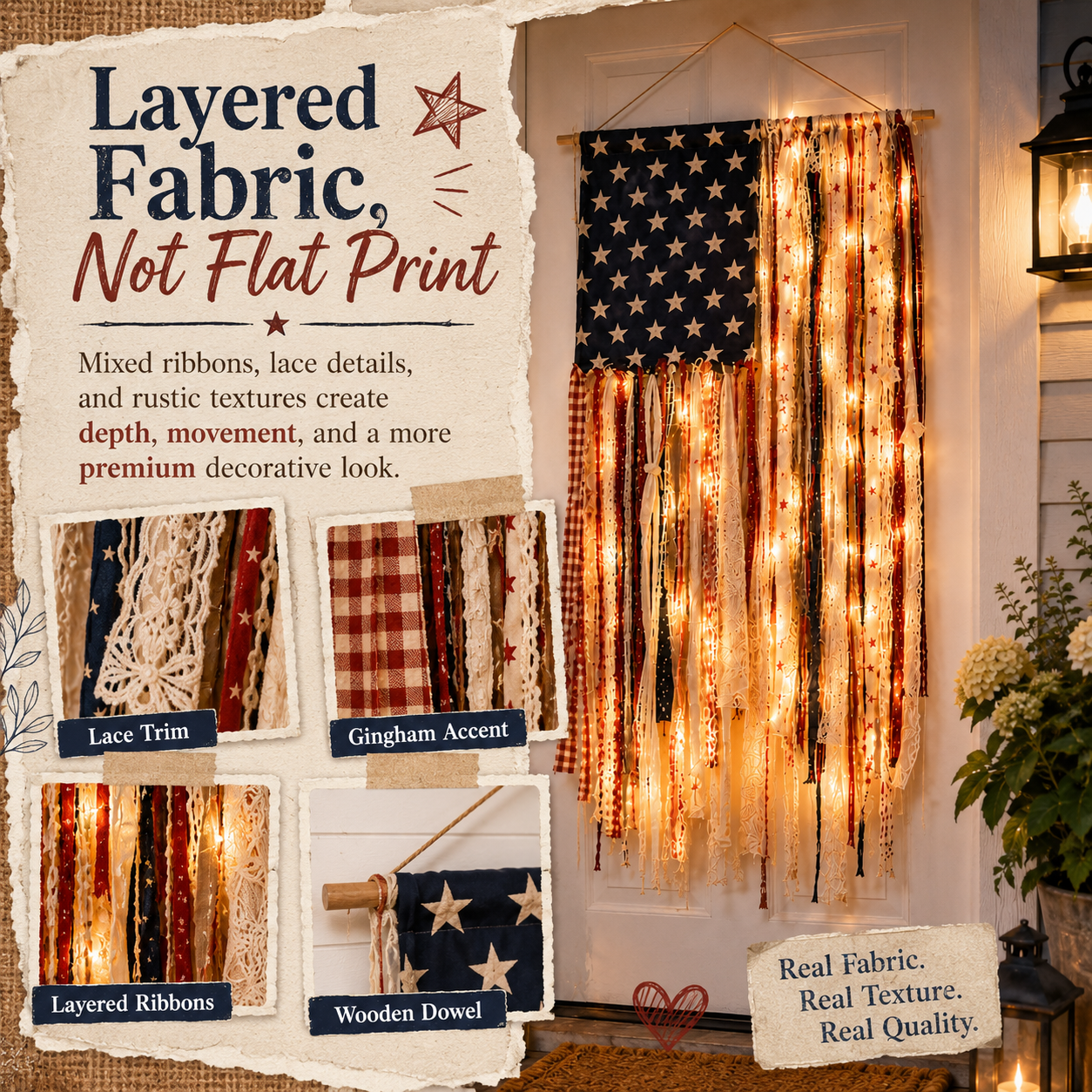 Lighted Vintage Americana Fabric Flag