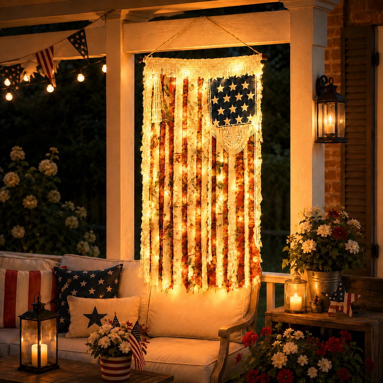 Lighted Rustic Crochet Lace American Flag