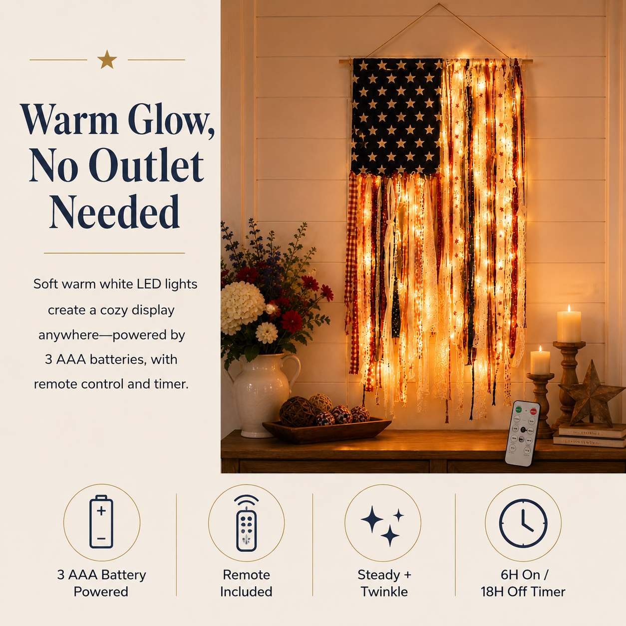 Lighted Vintage Americana Fabric Flag