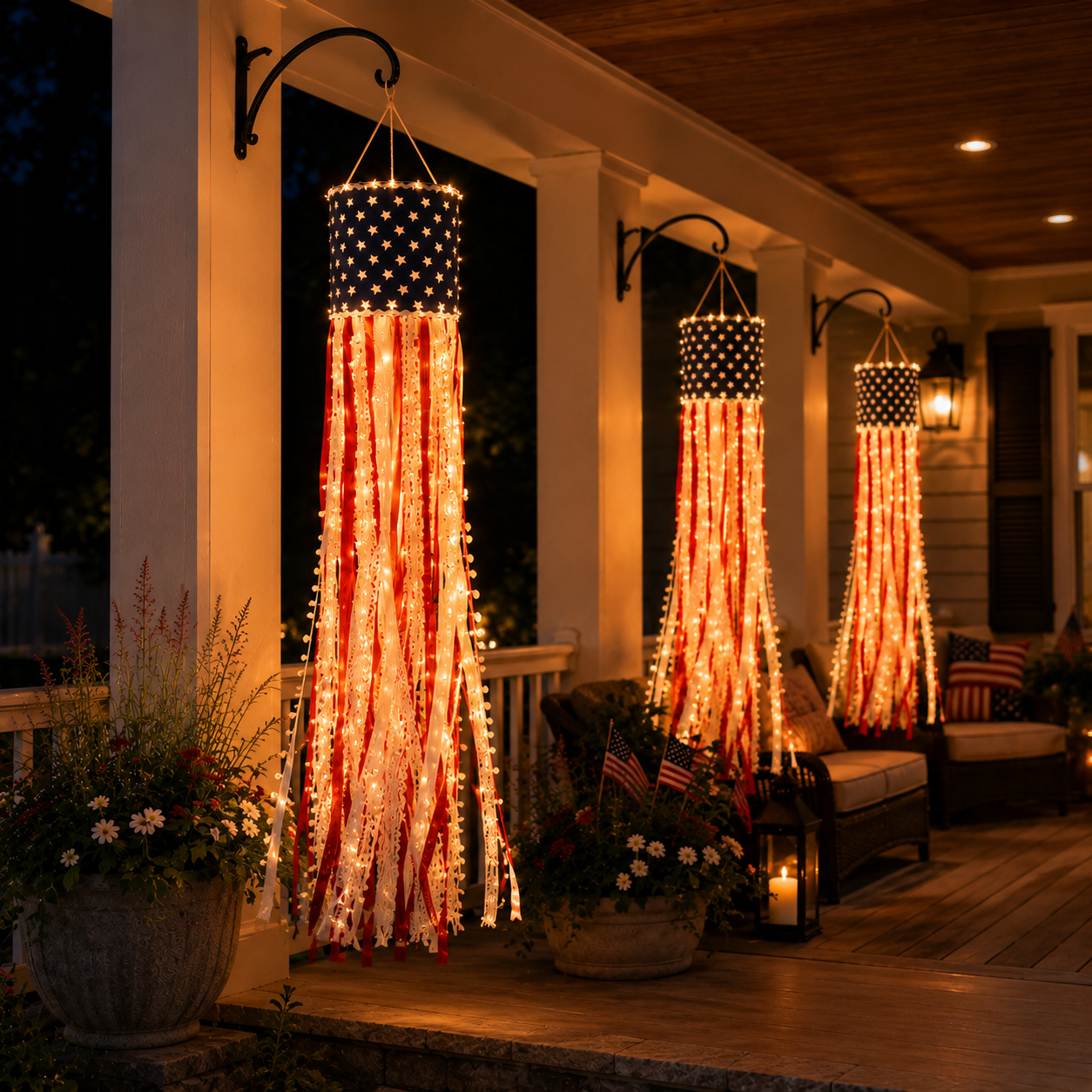 Lighted Patriotic Ribbon Windsock Hanging Decor