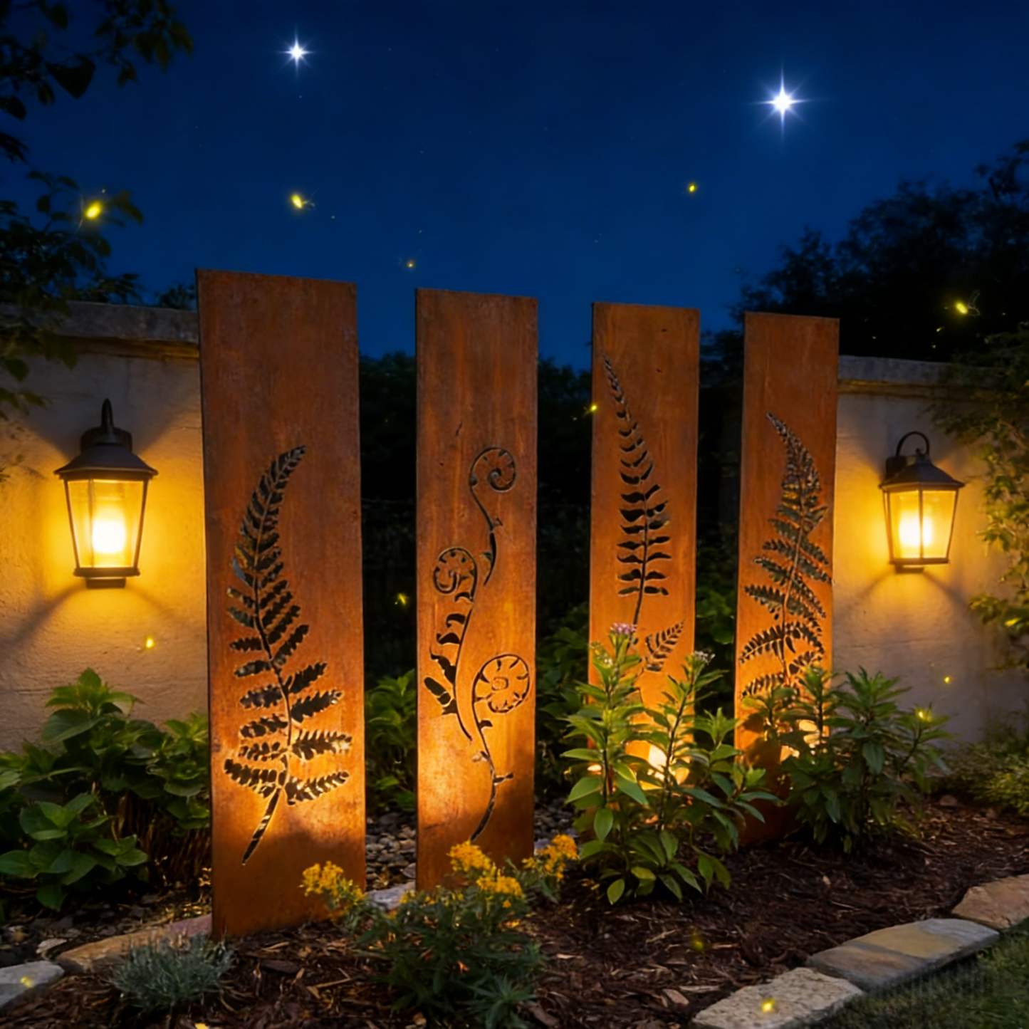 Hand-Welded Rustic Elegant Iron Fern Panel Privacy Screen
