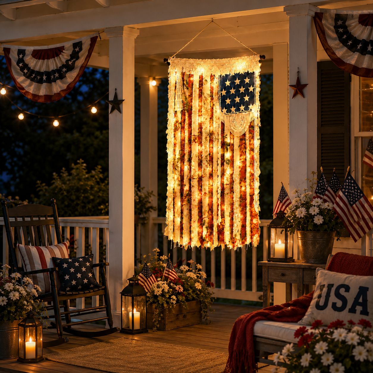 Lighted Rustic Crochet Lace American Flag
