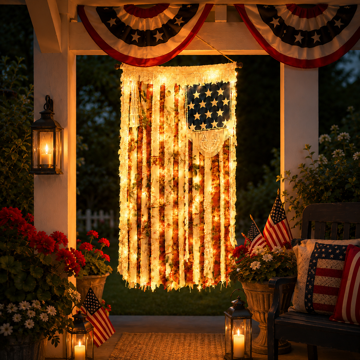 Lighted Rustic Crochet Lace American Flag