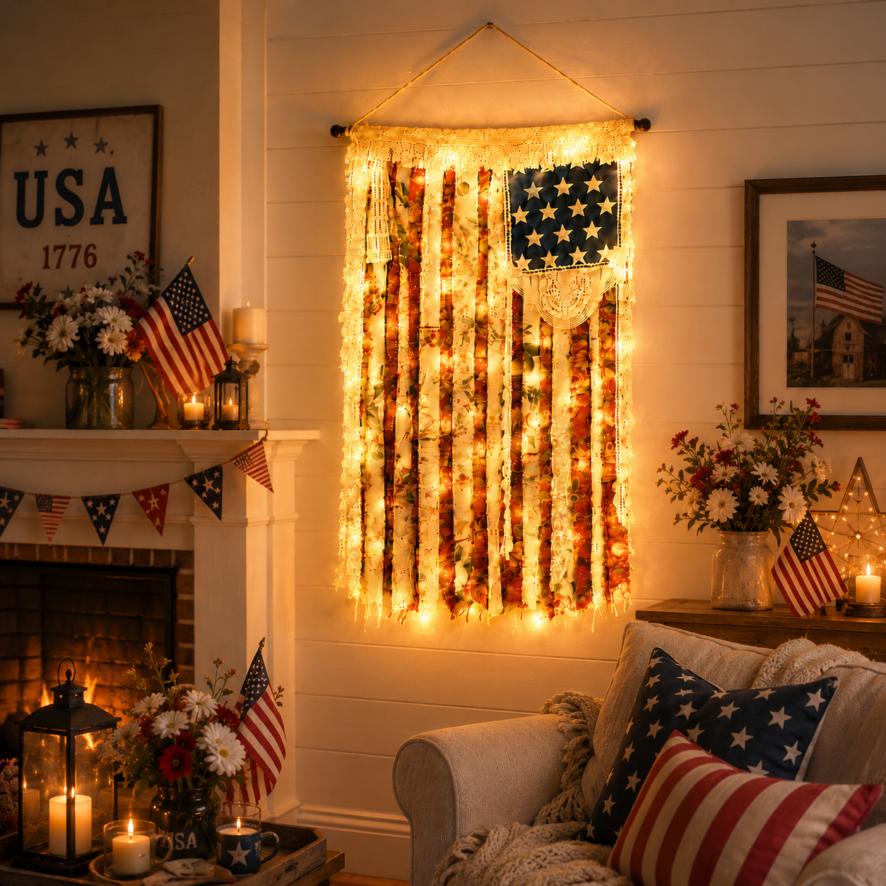 Lighted Rustic Crochet Lace American Flag
