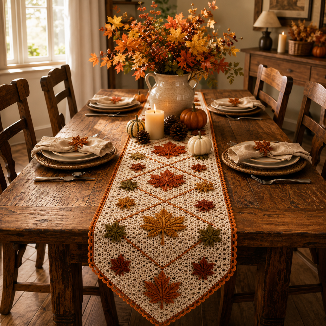 Vintage Crochet Autumn Leaves Table Runner
