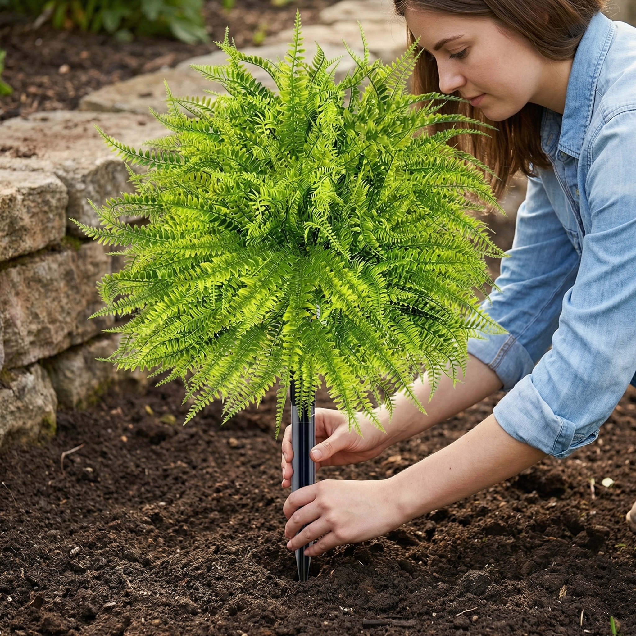 UV Resistant Lush Artificial Boston Fern with Integrated Ground Stake