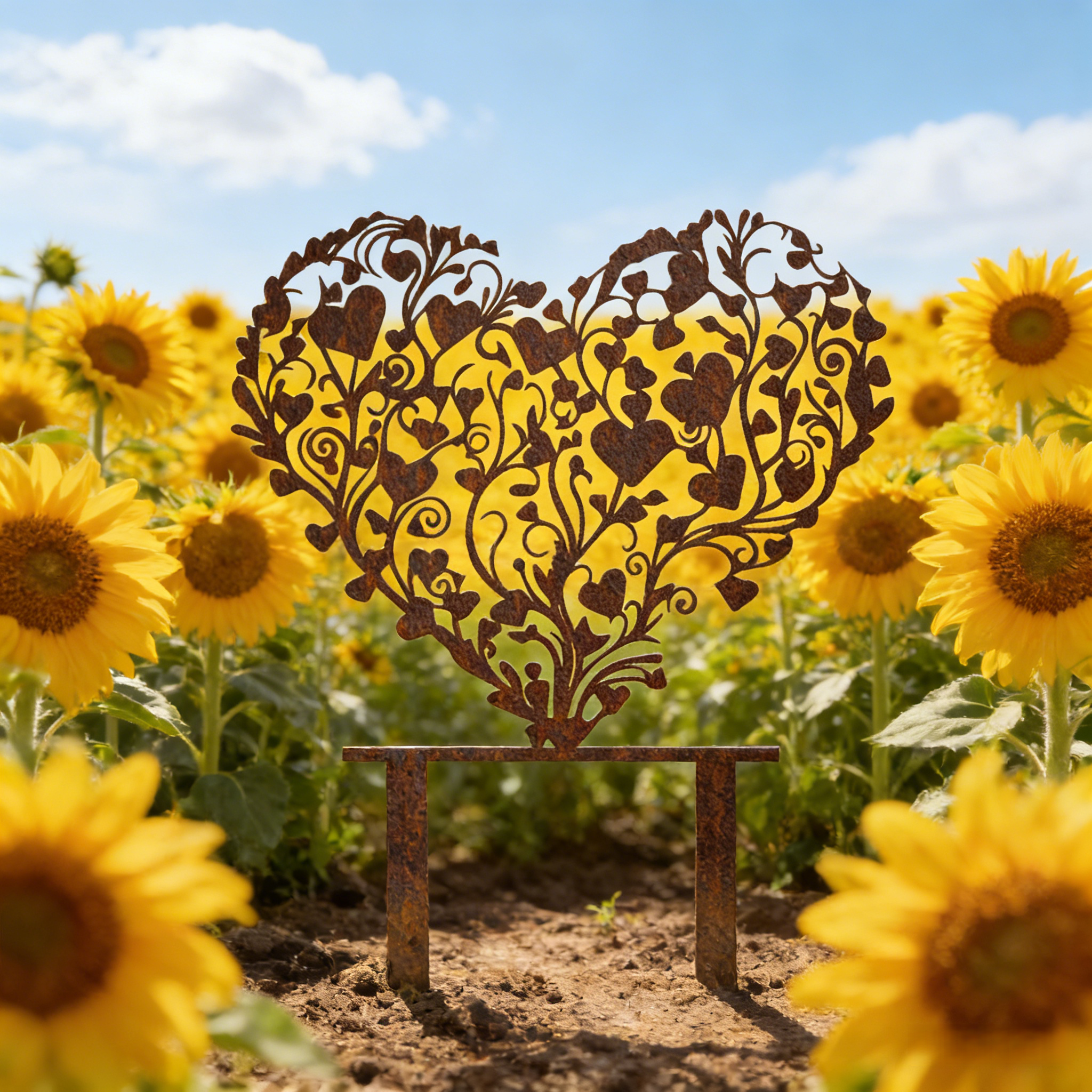 Rust-covered Elegant Heart-Shaped Metal Garden Stake Sculpture