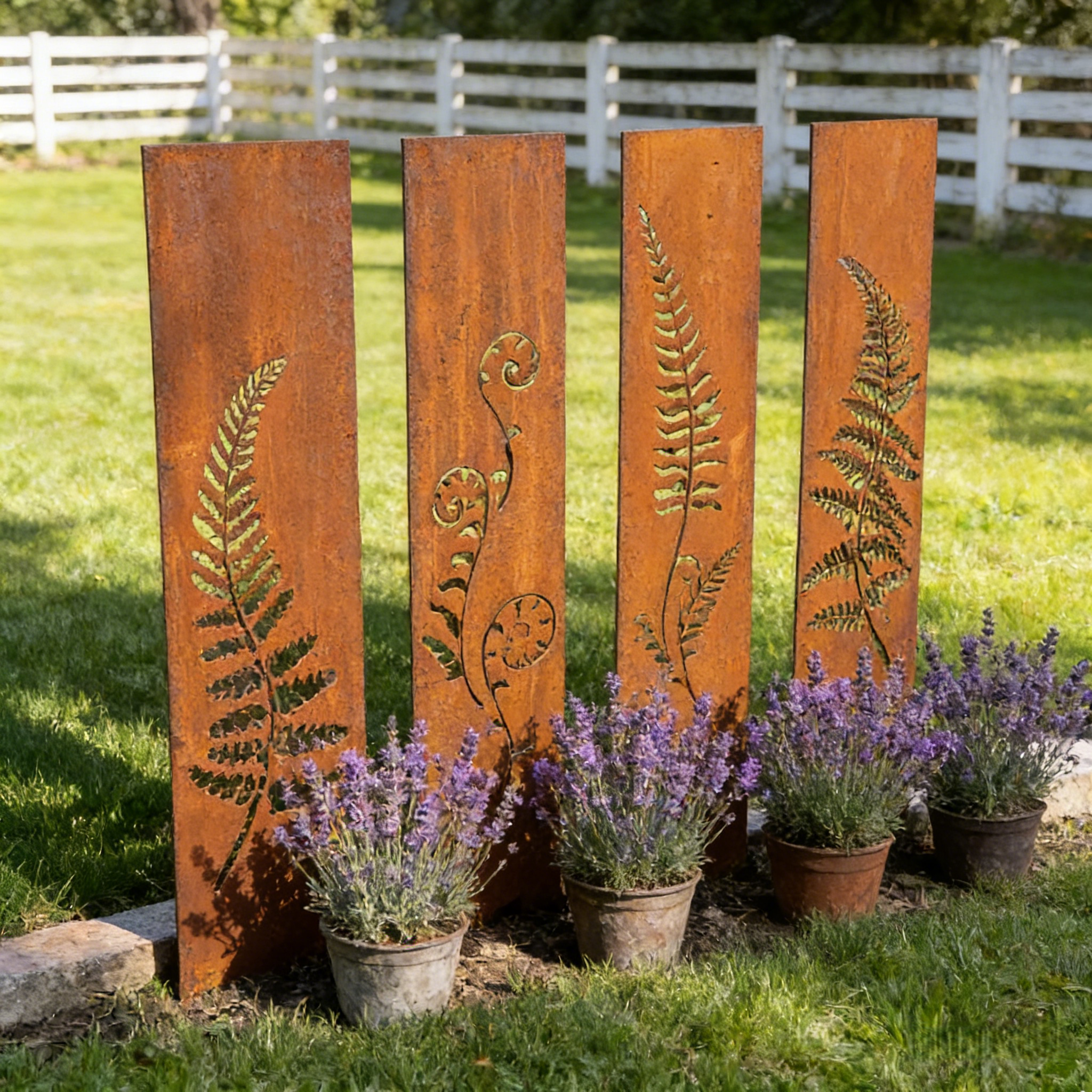 Hand-Welded Rustic Elegant Iron Fern Panel Privacy Screen