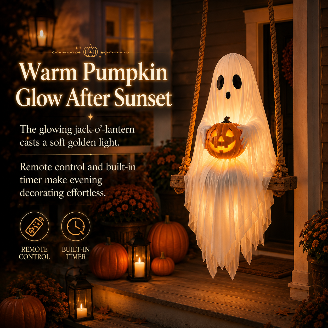 Lighted Ghost Swing with Glowing Pumpkin