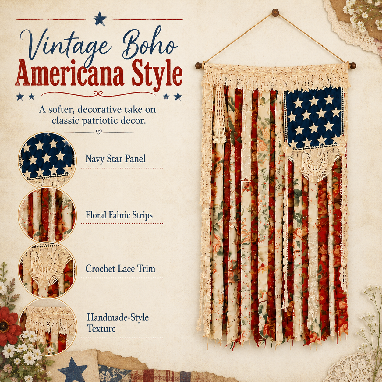 Lighted Rustic Crochet Lace American Flag