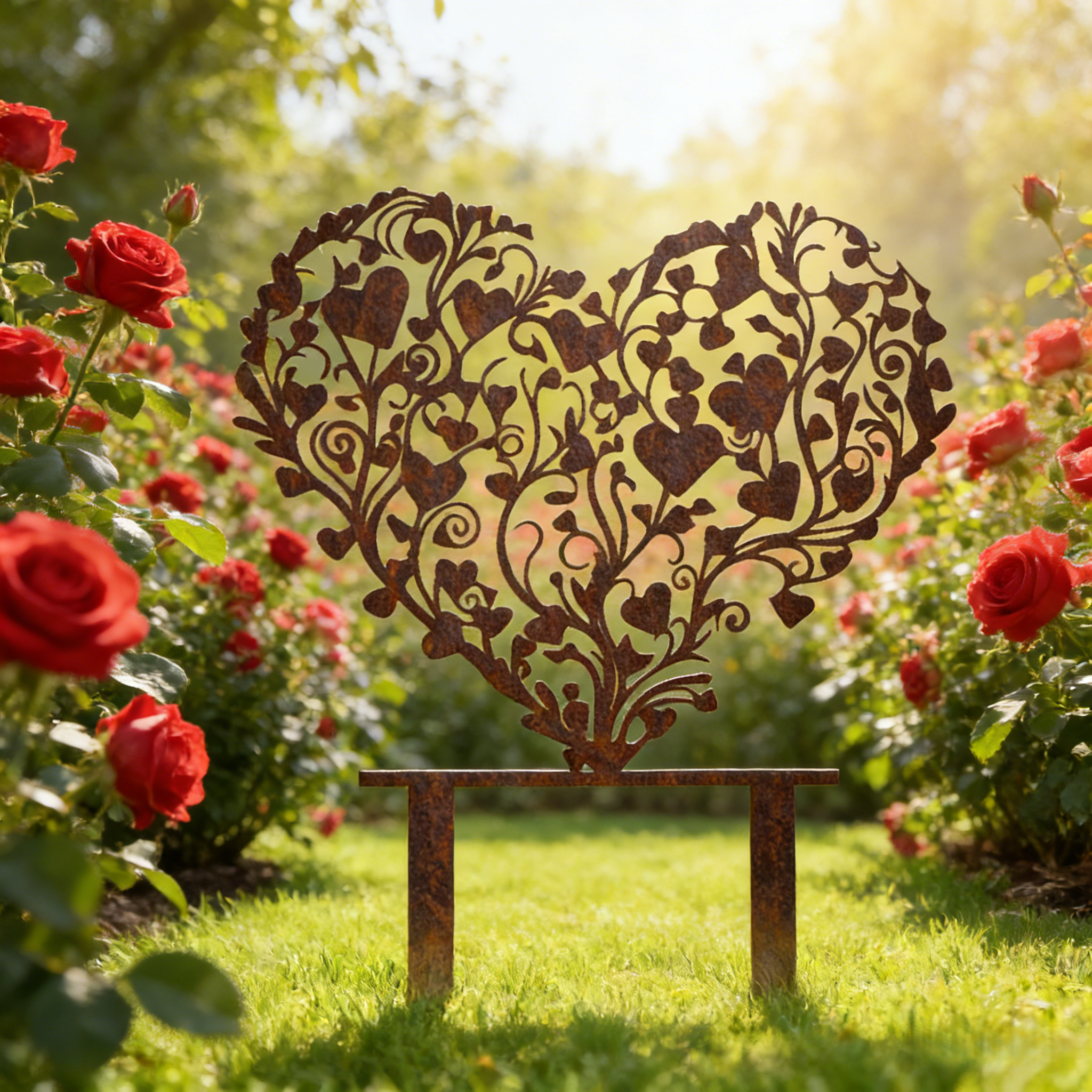 Rust-covered Elegant Heart-Shaped Metal Garden Stake Sculpture