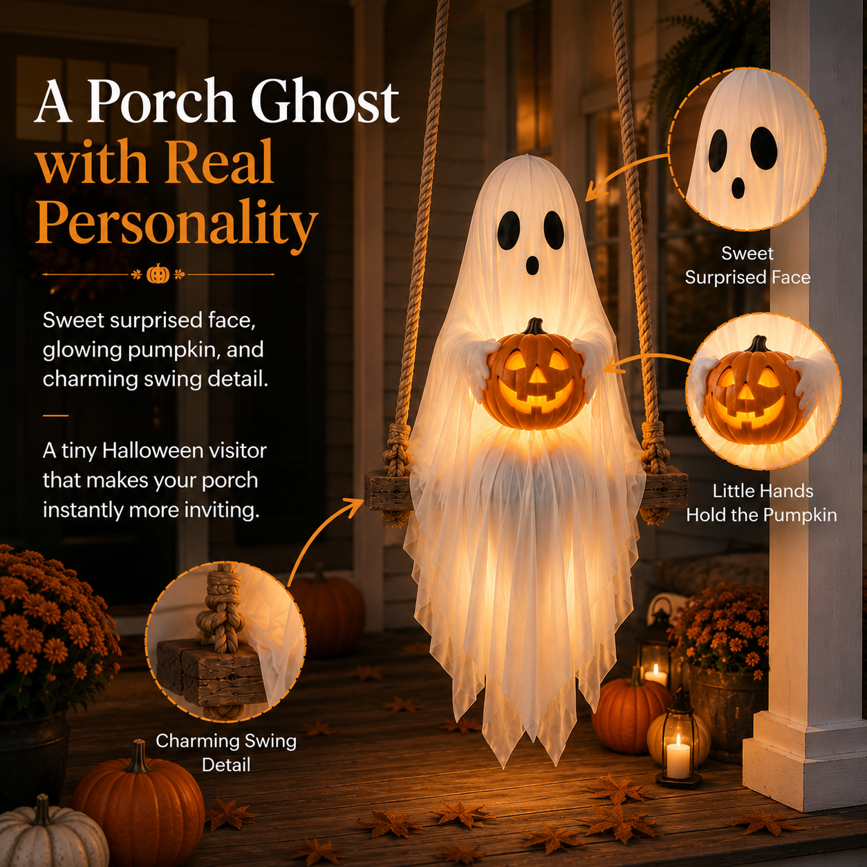Lighted Ghost Swing with Glowing Pumpkin