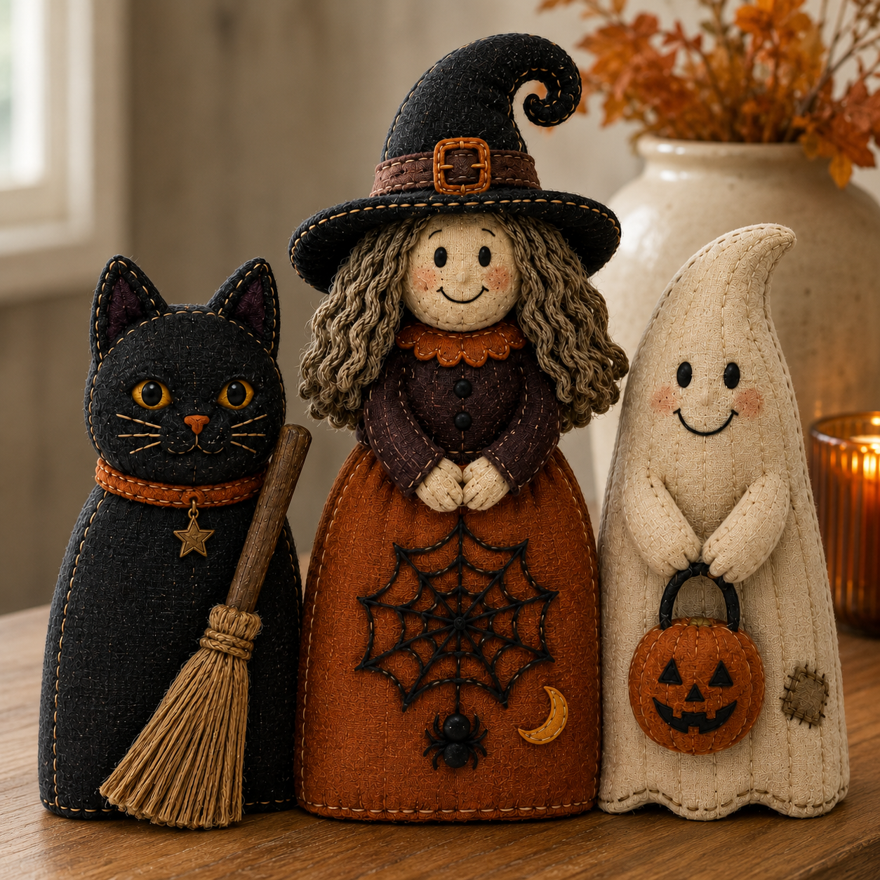 Vintage Halloween Fabric Sitters, Set of 3