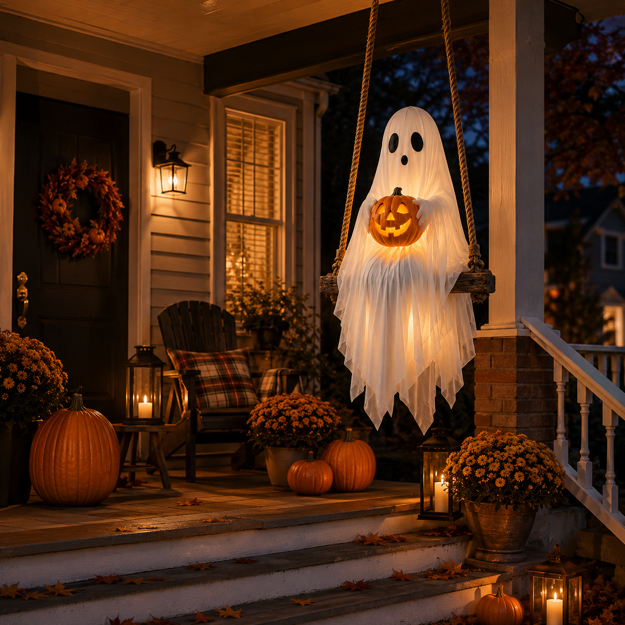 Lighted Ghost Swing with Glowing Pumpkin
