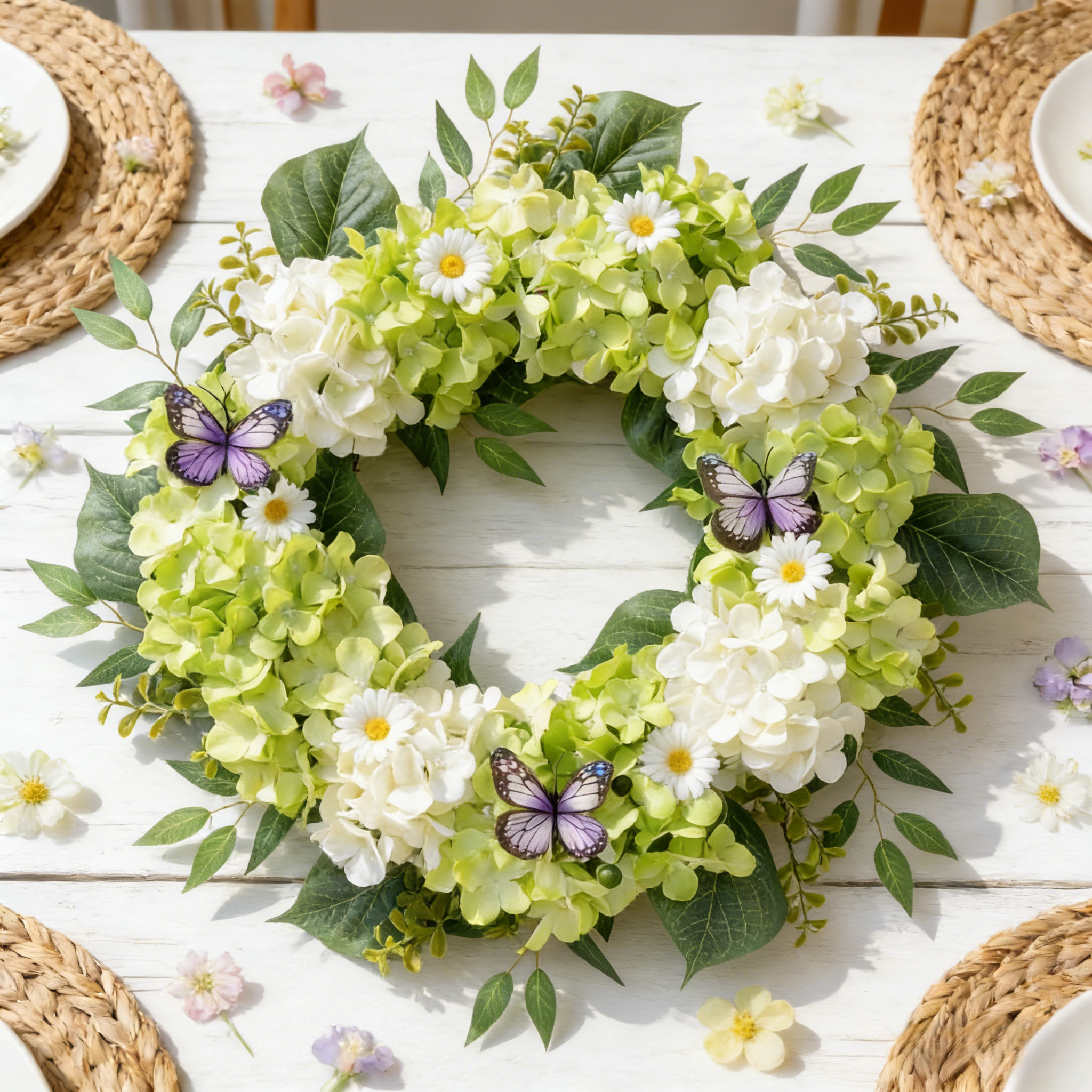 Silk Green White Hydrangeas Floral Wreath