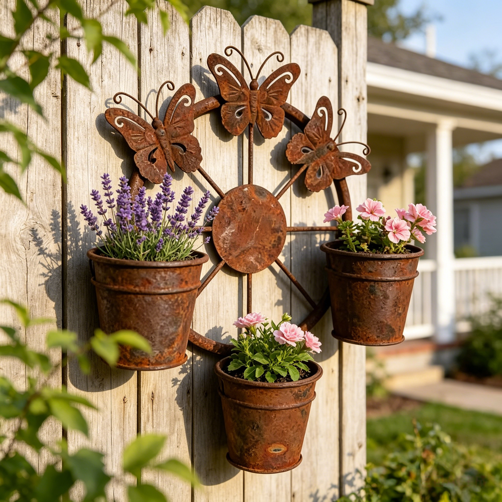 Vintage Distressed Metal Butterfly Wagon Wheel Wall Planter