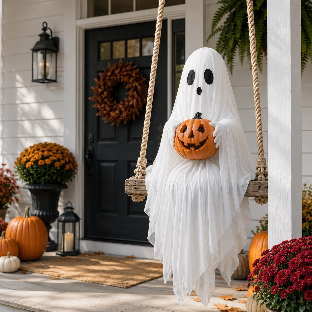 Lighted Ghost Swing with Glowing Pumpkin