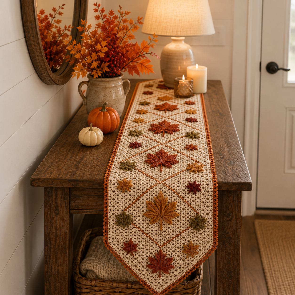 Vintage Crochet Autumn Leaves Table Runner