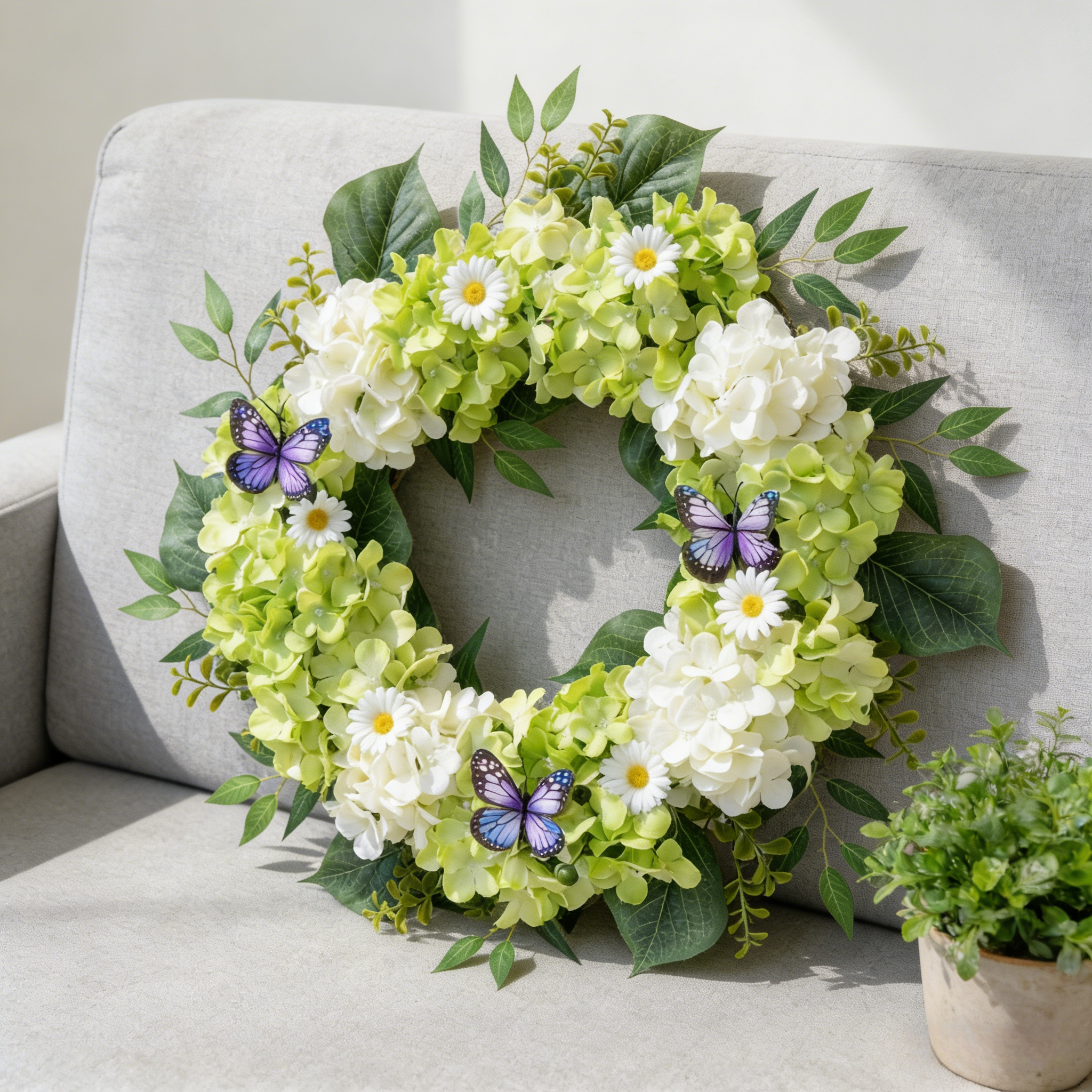 Silk Green White Hydrangeas Floral Wreath