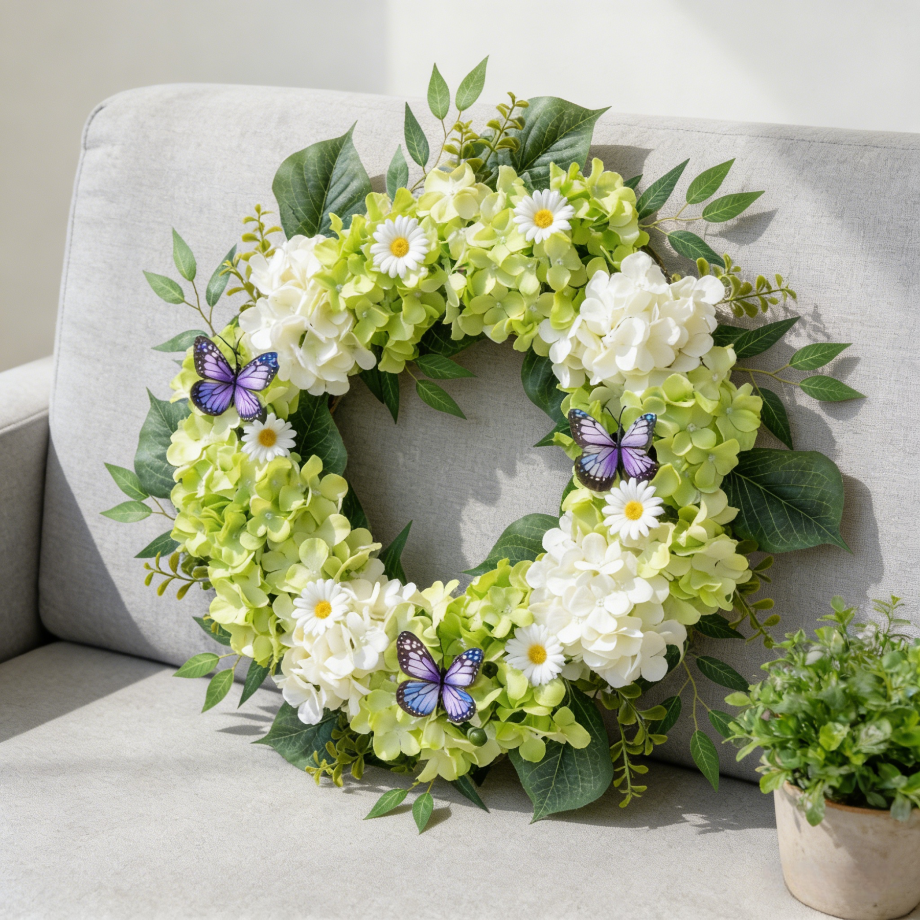 Silk Green White Hydrangeas Floral Wreath