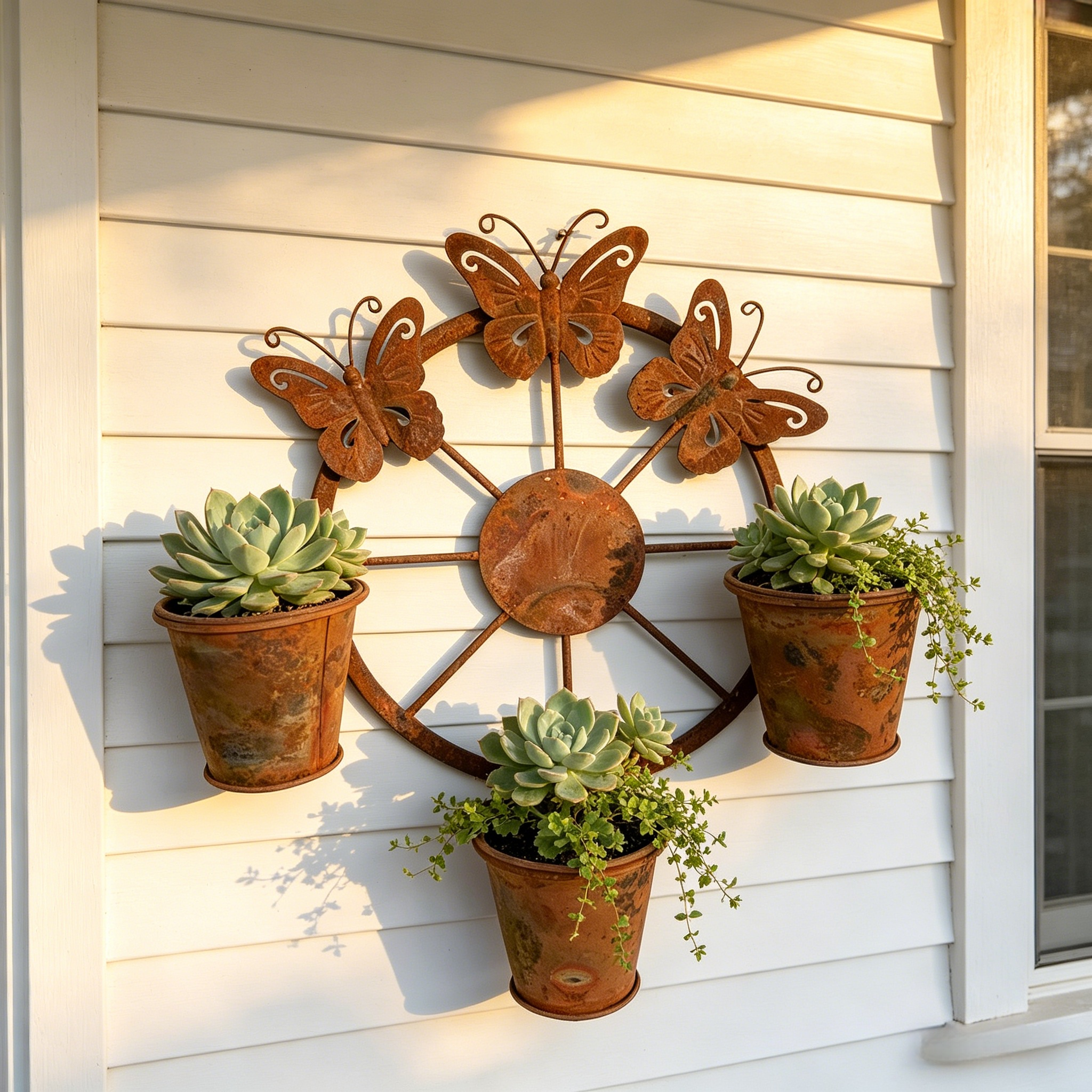 Vintage Distressed Metal Butterfly Wagon Wheel Wall Planter
