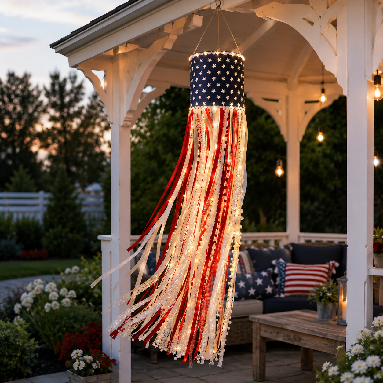 Lighted Patriotic Ribbon Windsock Hanging Decor