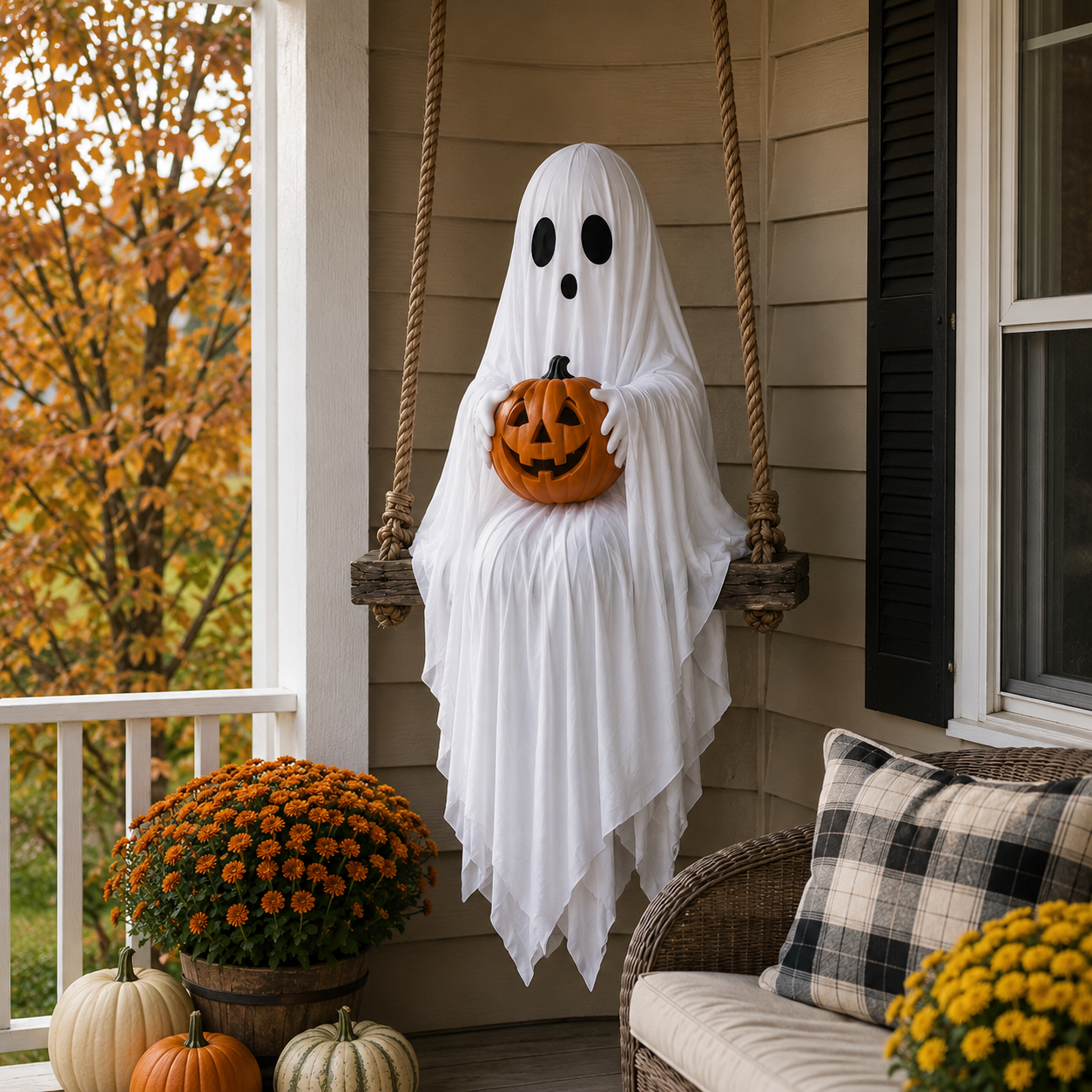 Lighted Ghost Swing with Glowing Pumpkin