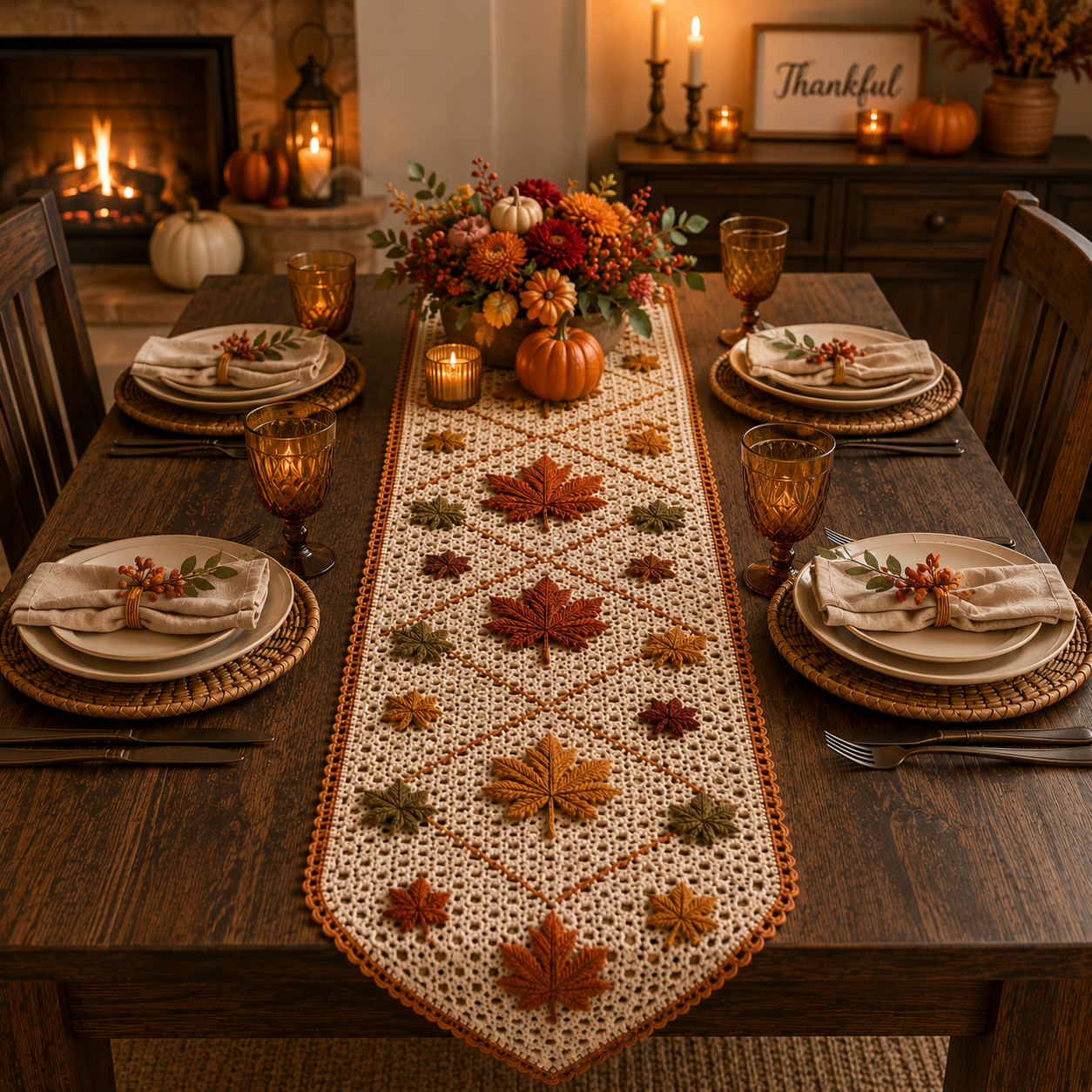 Vintage Crochet Autumn Leaves Table Runner