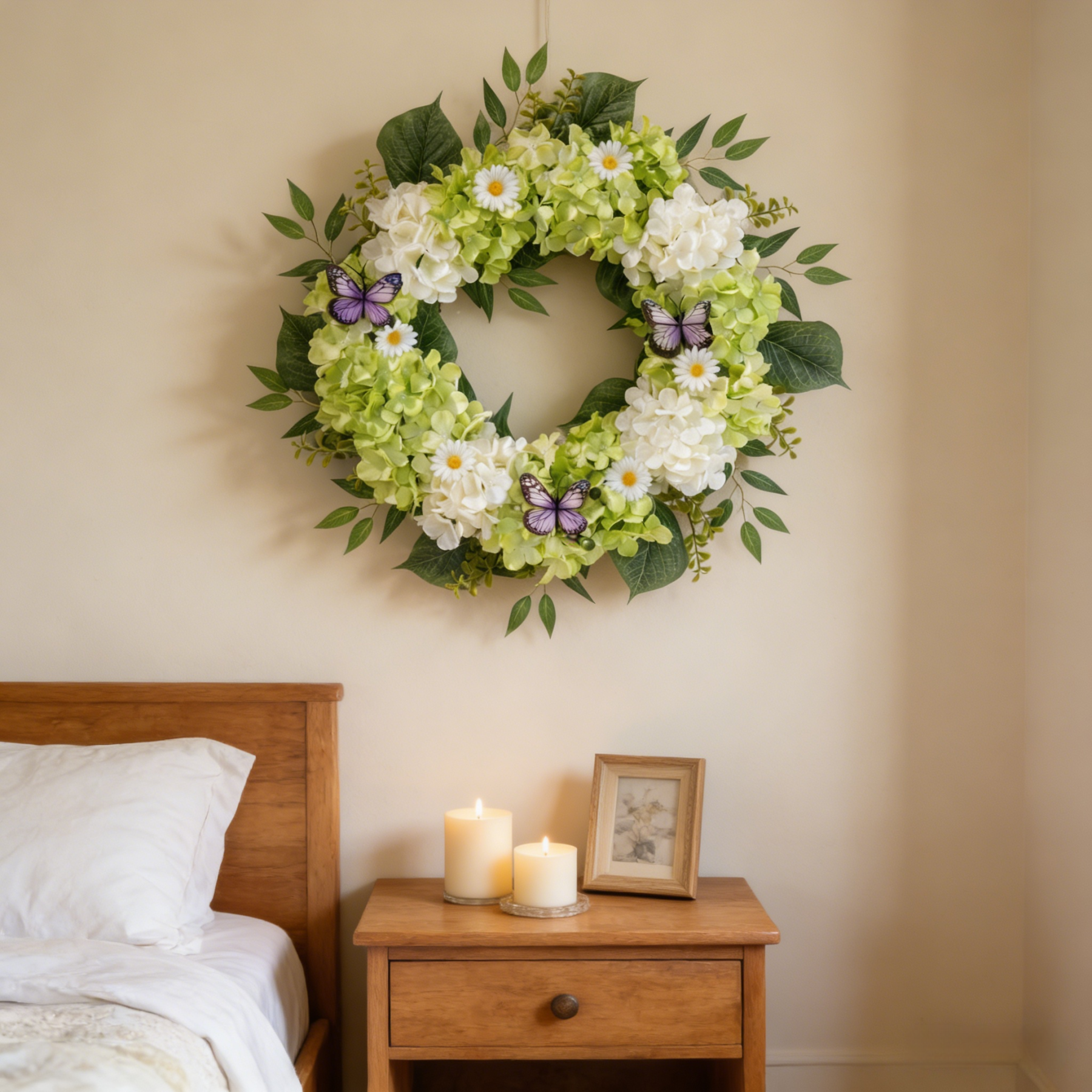 Silk Green White Hydrangeas Floral Wreath