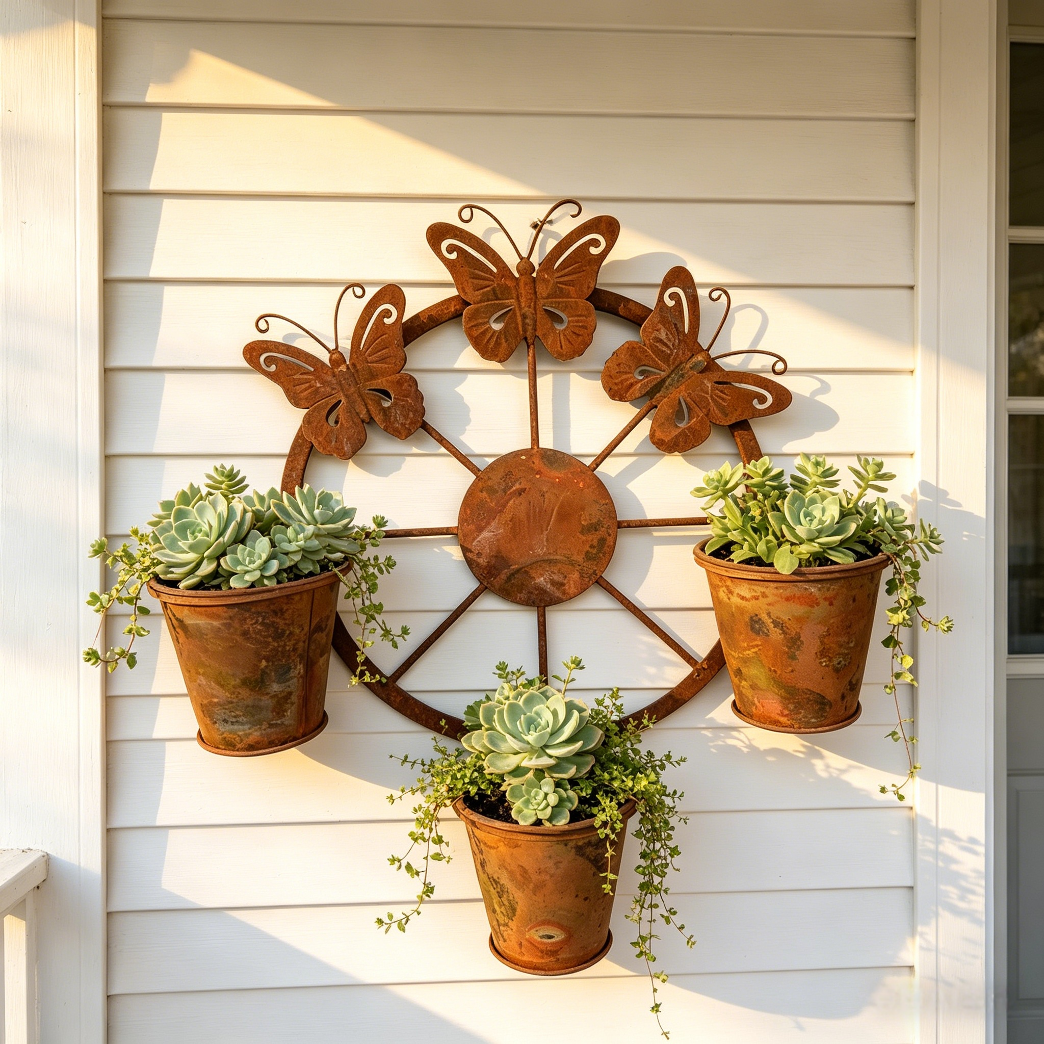 Vintage Distressed Metal Butterfly Wagon Wheel Wall Planter