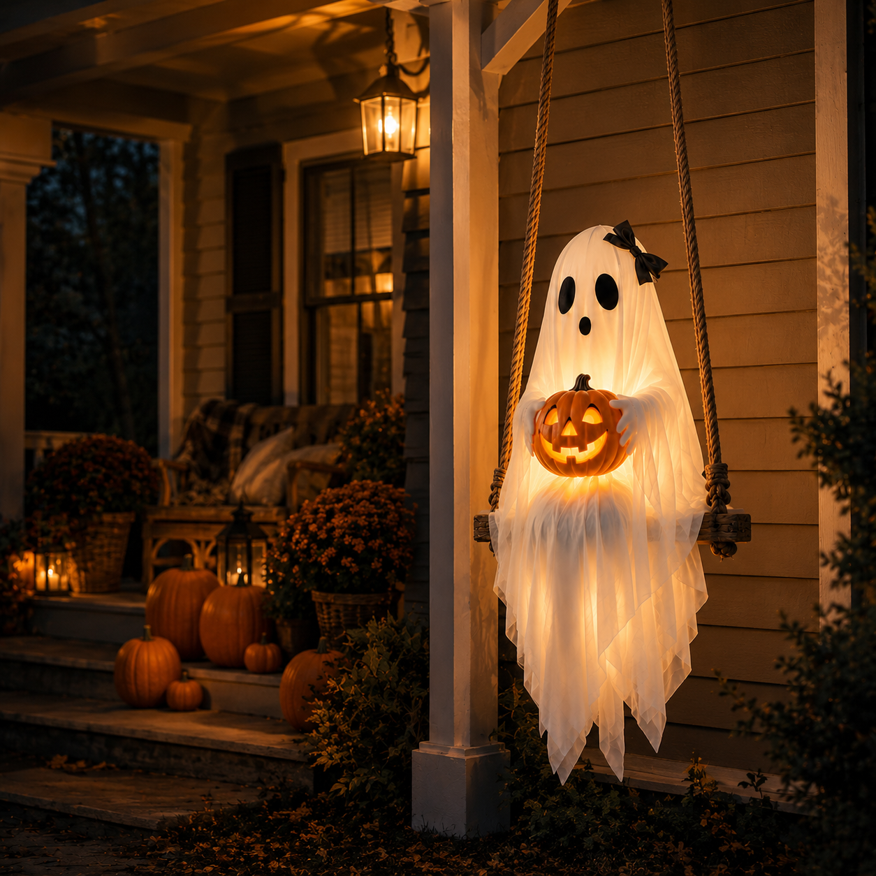 Lighted Ghost Swing with Glowing Pumpkin
