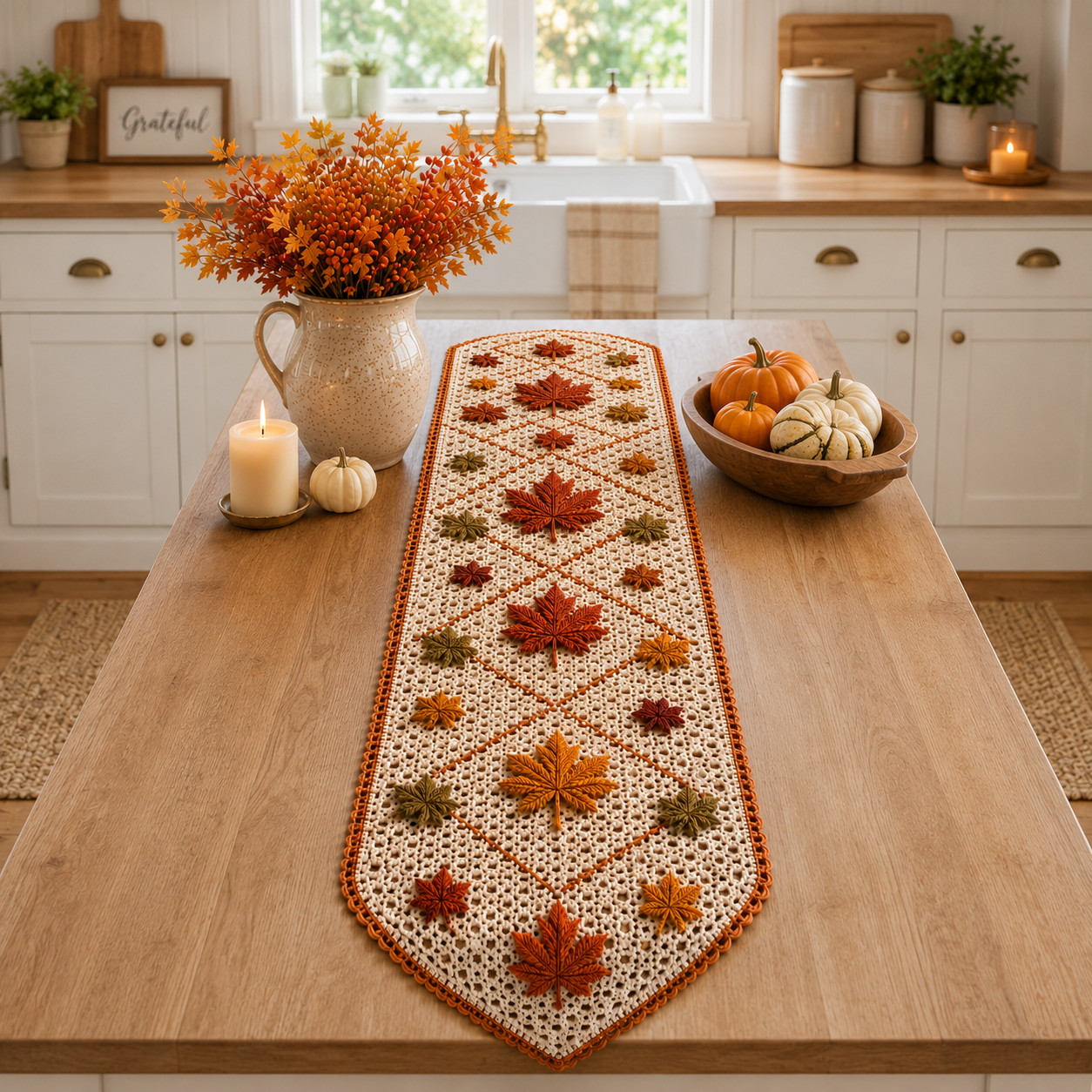 Vintage Crochet Autumn Leaves Table Runner