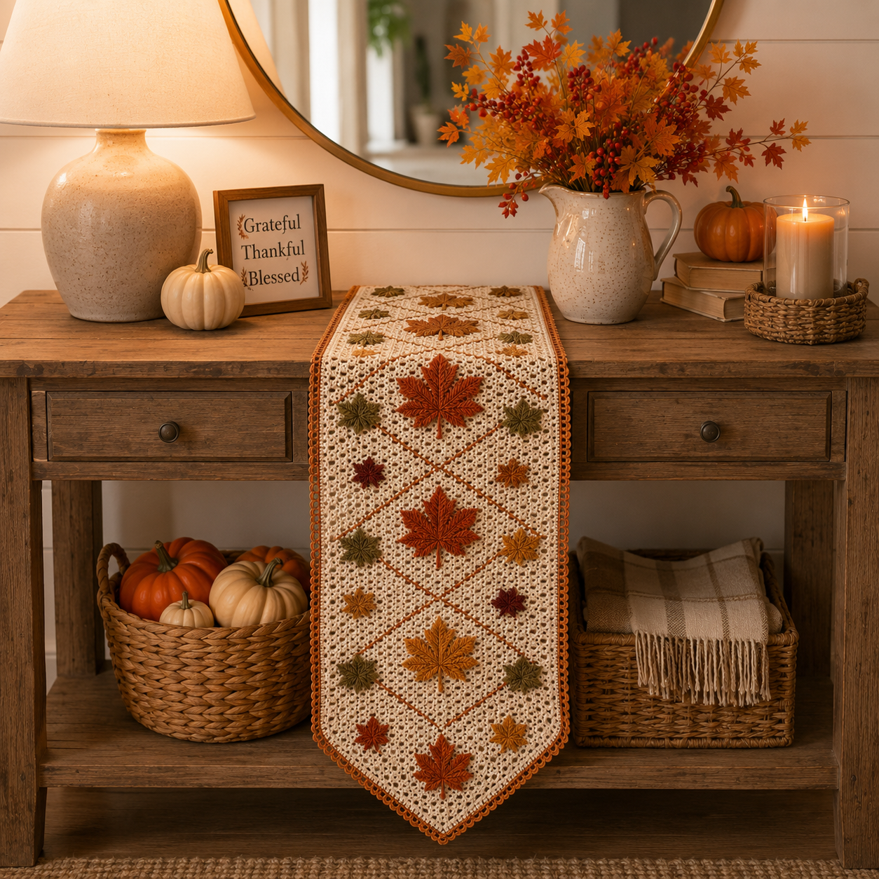 Vintage Crochet Autumn Leaves Table Runner