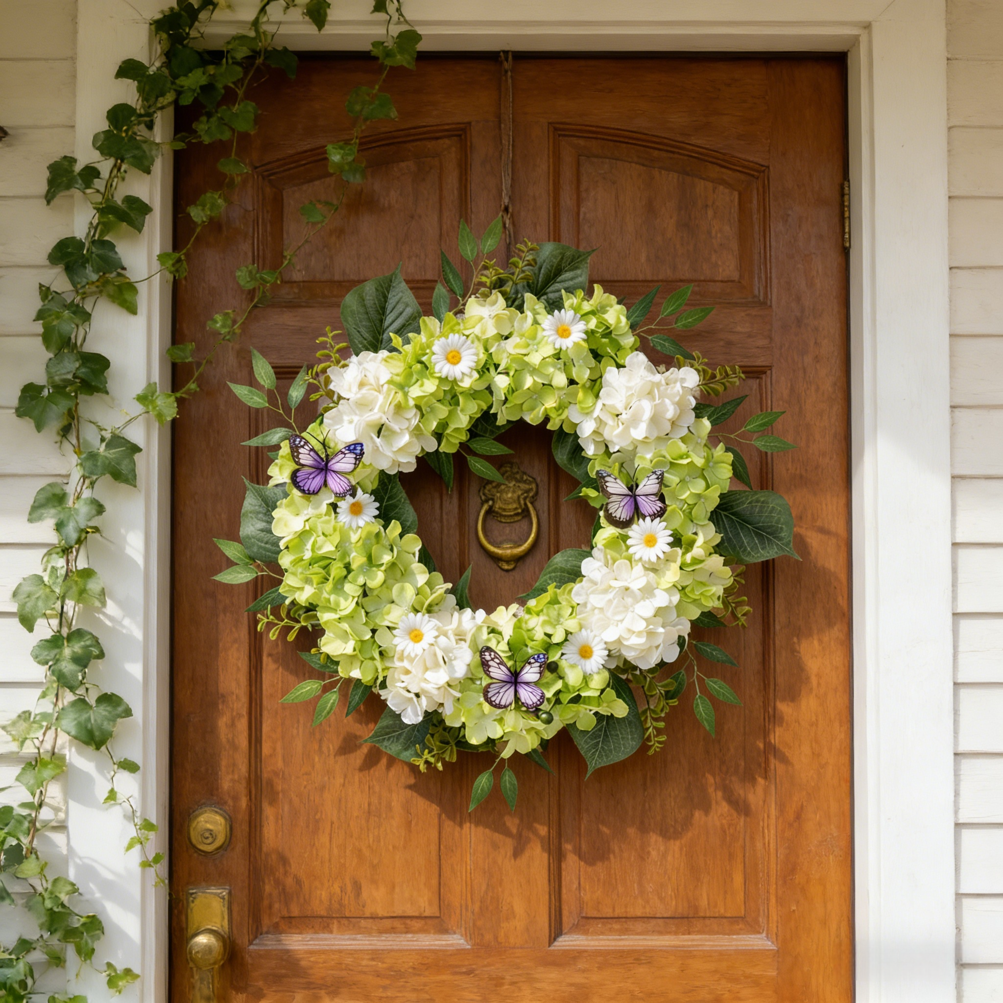 Silk Green White Hydrangeas Floral Wreath
