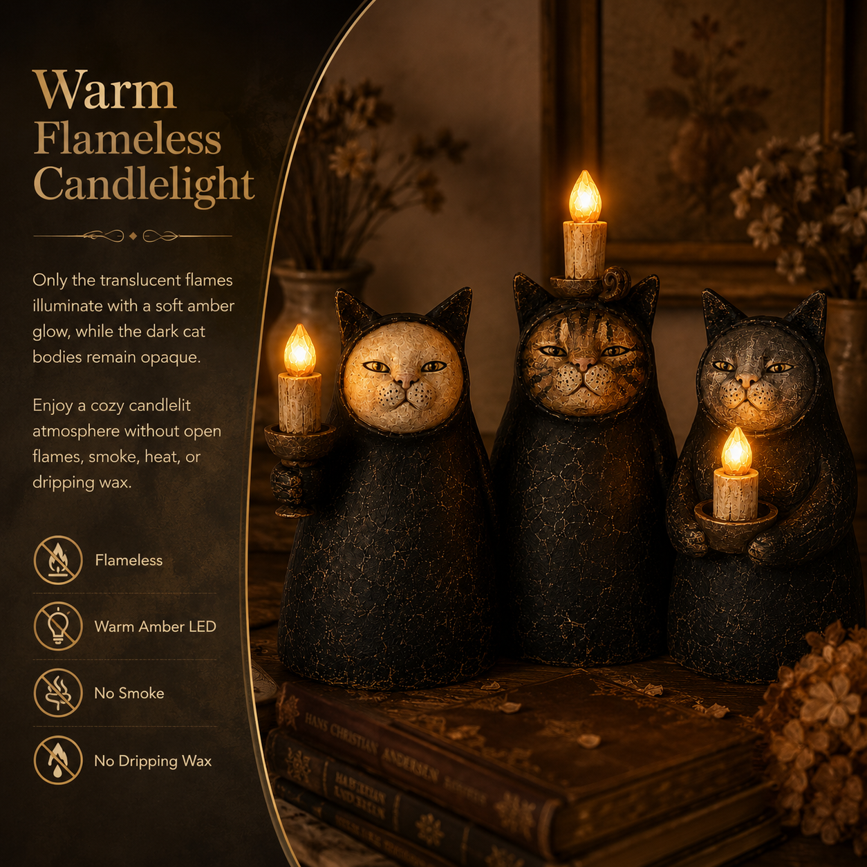3-Piece Mysterious Hooded Cat Candlelight Figurine