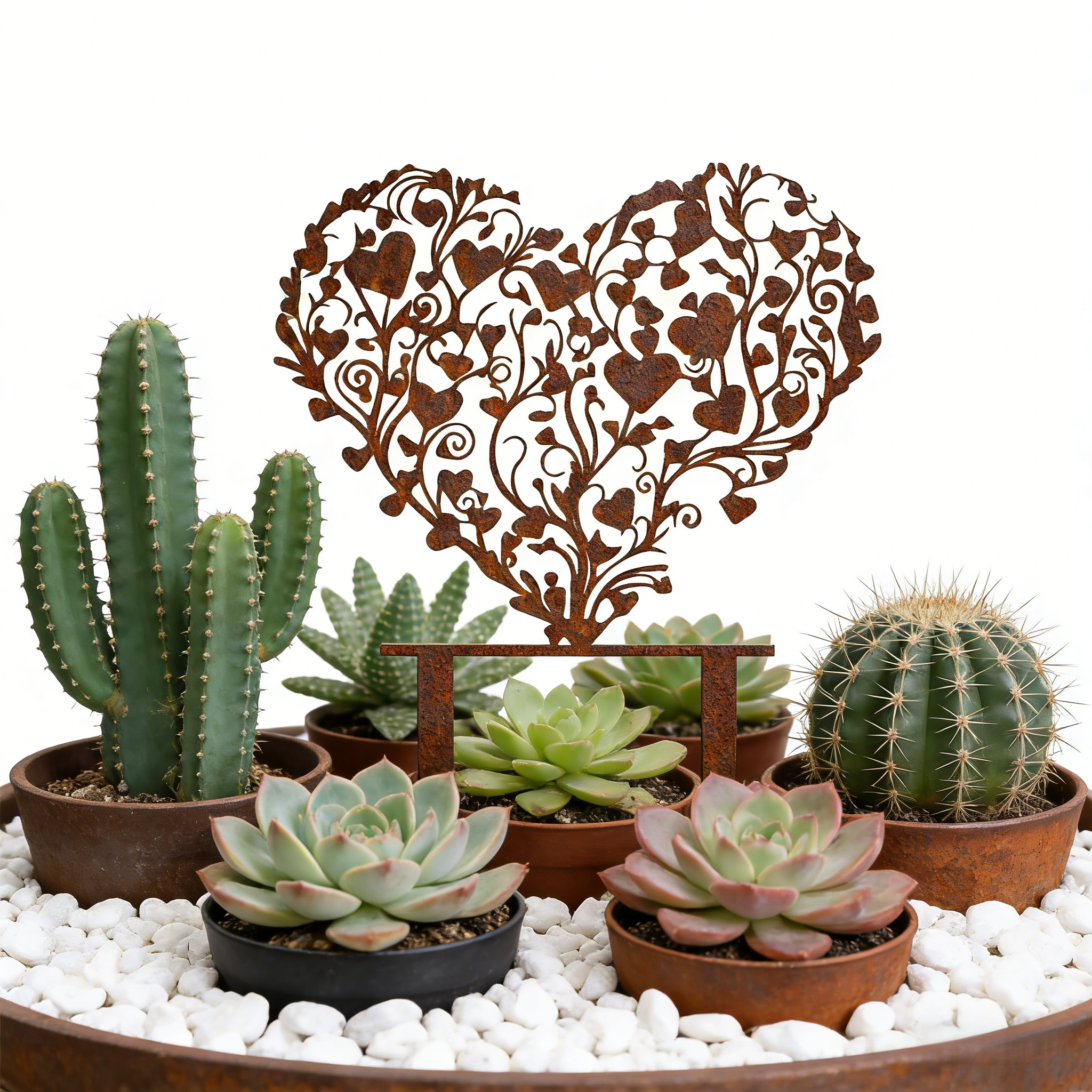 Rust-covered Elegant Heart-Shaped Metal Garden Stake Sculpture