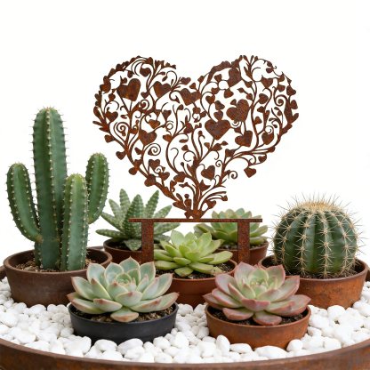 Rust-covered Elegant Heart-Shaped Metal Garden Stake Sculpture