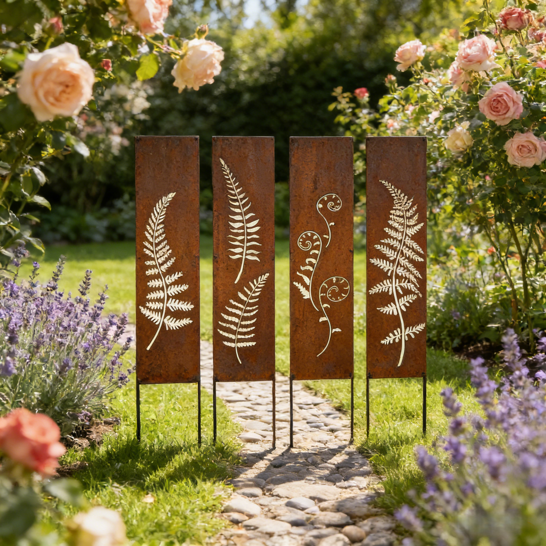 Hand-Welded Rustic Elegant Iron Fern Panel Privacy Screen