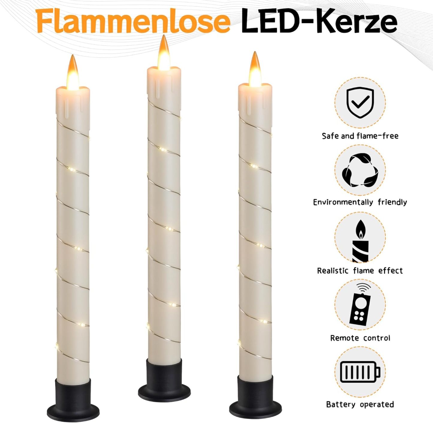 3 Pcs Flickering Flameless Battery Operated Taper Candle-Twinklehalo