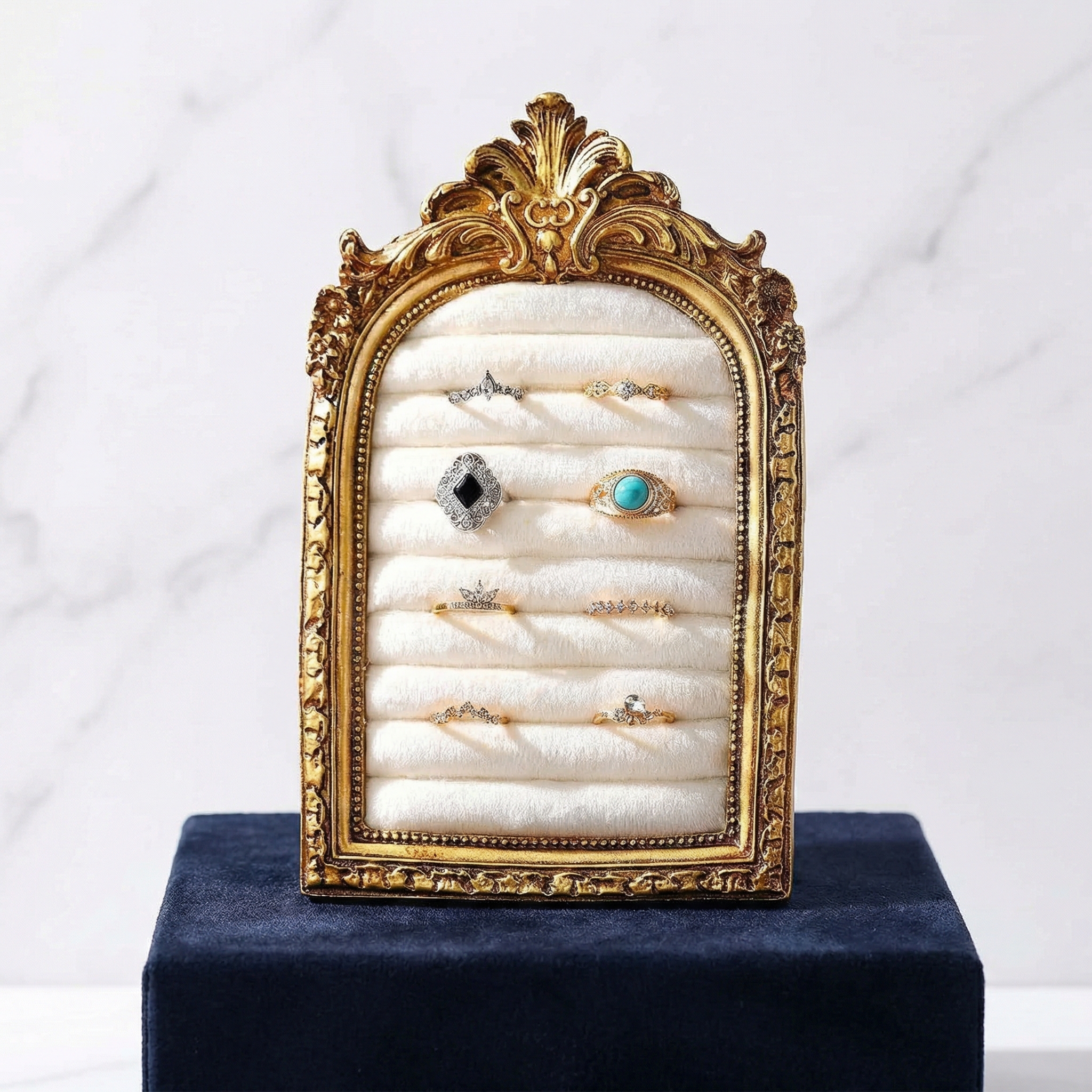 Vintage Ring Holder Arch – Antique Gold Suede Jewelry Display Frame