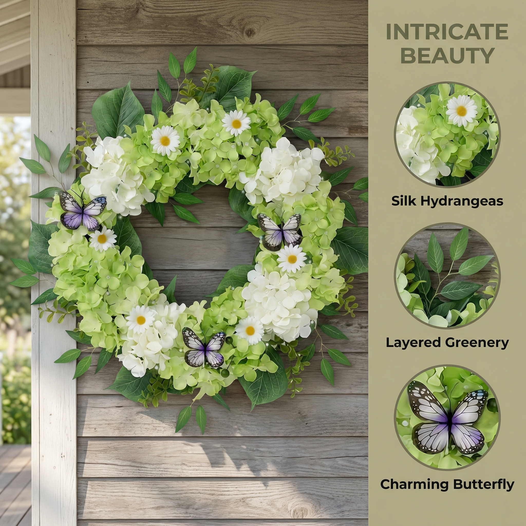 Silk Green White Hydrangeas Floral Wreath