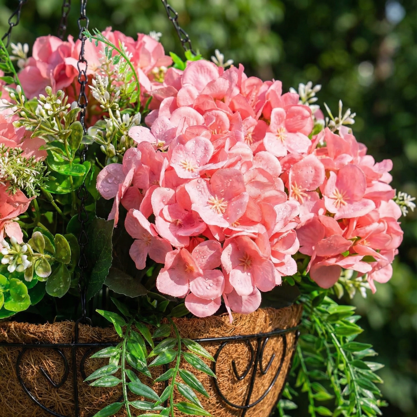 Hanging Fake Silk Hydrangea Flowers with Basket